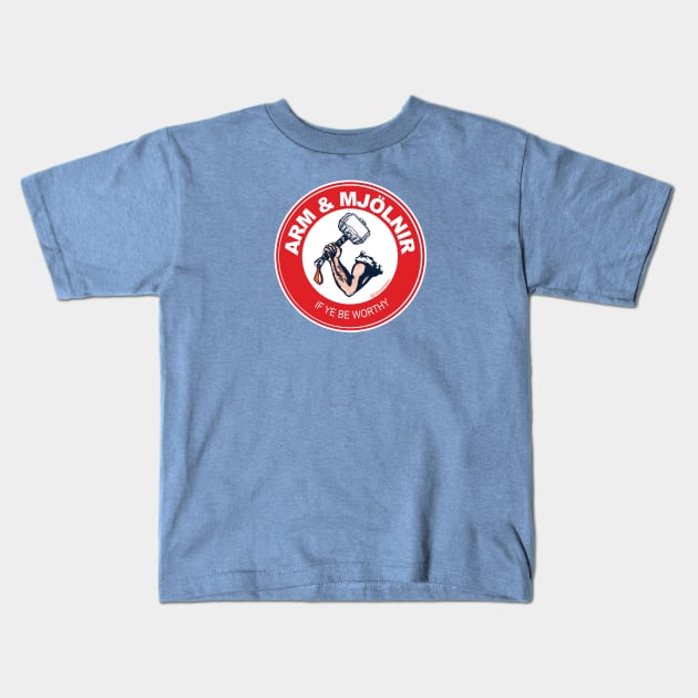 Arm & Mjolnir Kids T-Shirt by zacktastic